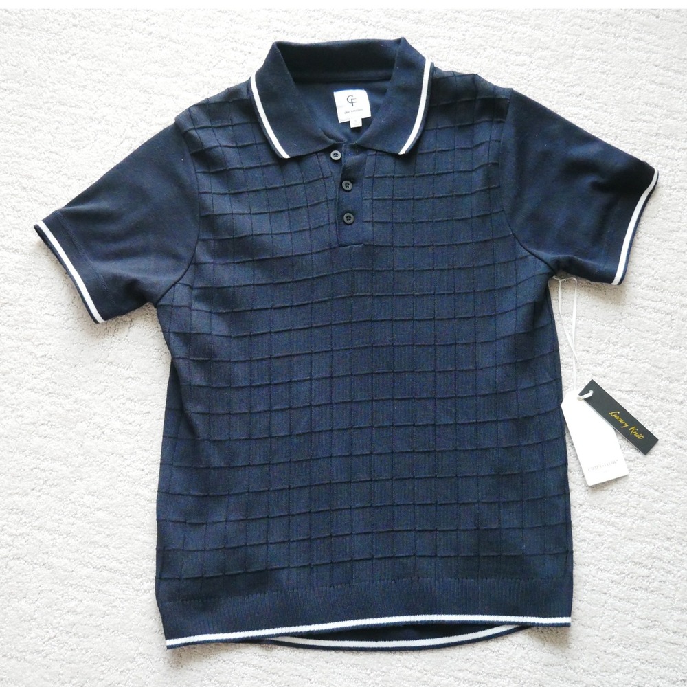 Craft + Flow Luxury Knit Polo Shirt Mens Small Navy Blue Textured Grid Tipping